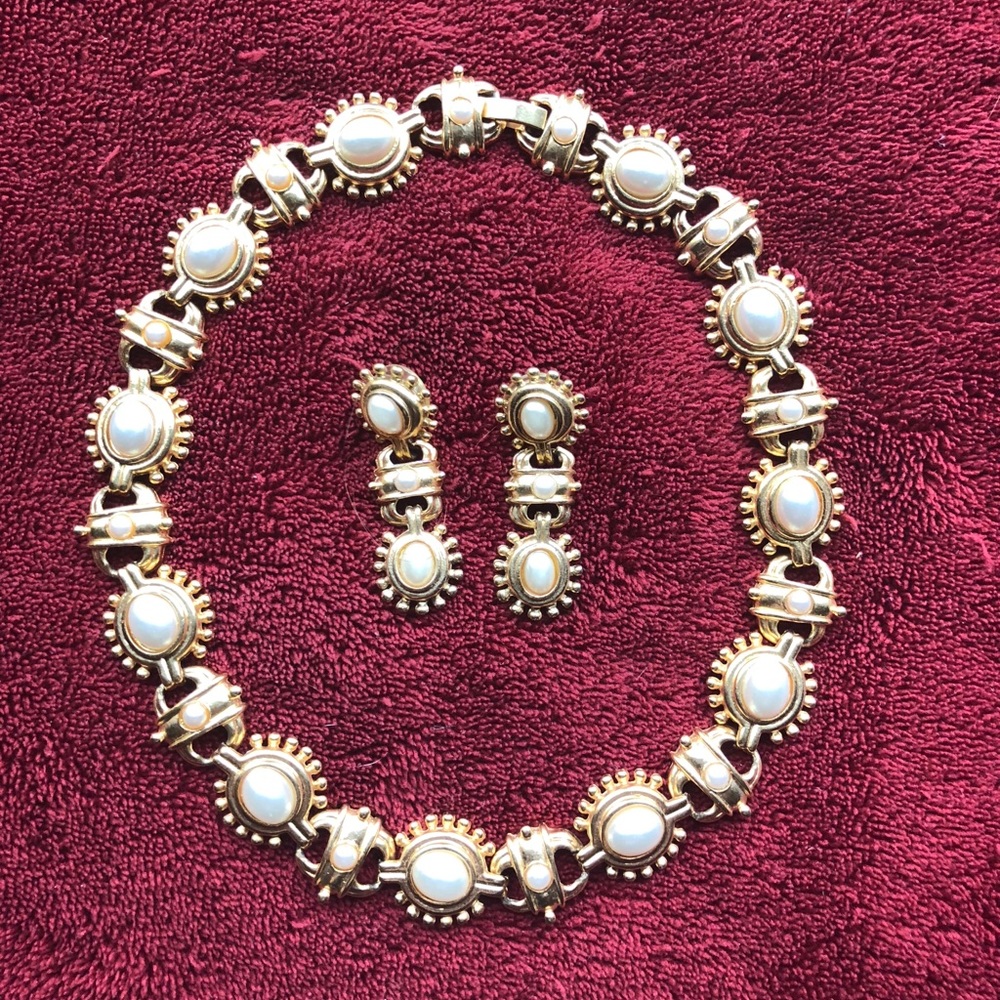 Gold and Pearl Choker and Earrings